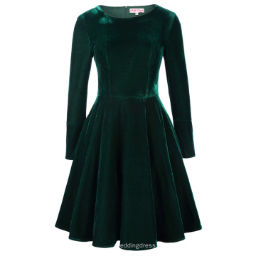 Belle Poque Retro Vintage invierno de manga larga cuello del equipo de color verde oscuro vestido de terciopelo Swing BP000358-1